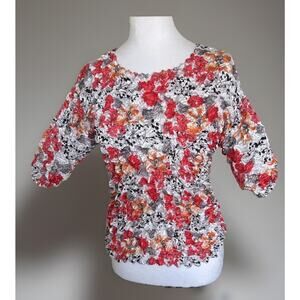 Vtg F C Floral Crinkle Pleated Stretch Top 3/4 Sleeve One Size Fits Boho Chic